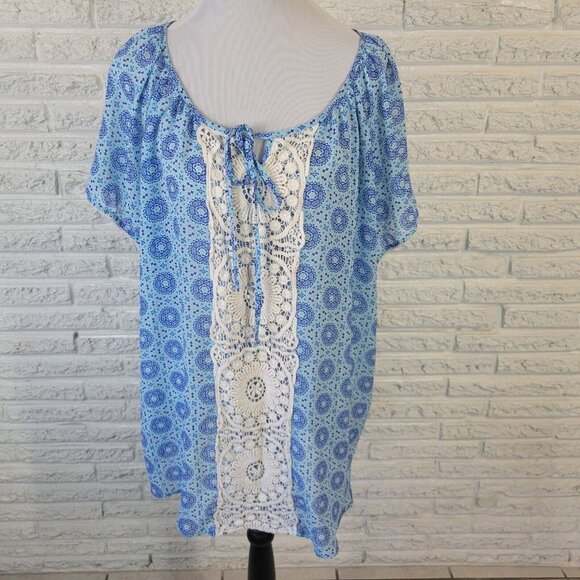 Woman Within Womens Top 2X Tunic Cap Sleeve Blue Geometric Crochet Sheer GEO229E - Picture 1 of 9
